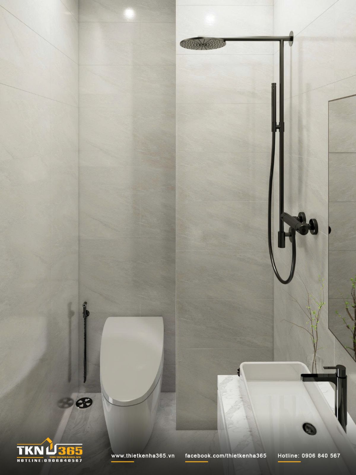 Gạch đ&aacute; t&ocirc;ng x&aacute;m s&aacute;ng kết hợp thiết bị vệ sinh sắc n&eacute;t, giữ kh&ocirc;ng gian sạch sẽ, hiện đại v&agrave; dễ bảo tr&igrave;