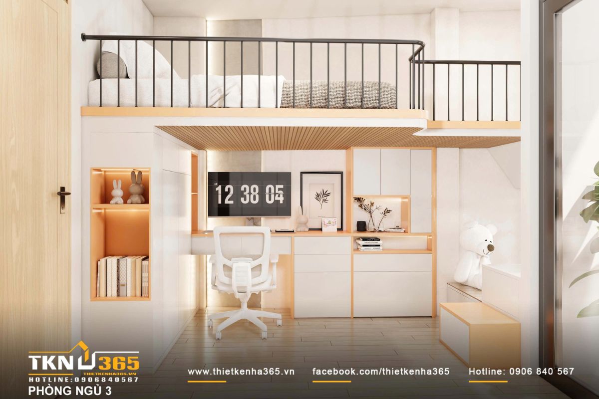 Ph&ograve;ng ngủ bố tr&iacute; giường tầng kết hợp b&agrave;n học ph&iacute;a dưới, tối ưu c&ocirc;ng năng cho sinh hoạt v&agrave; học tập trong c&ugrave;ng một kh&ocirc;ng gian