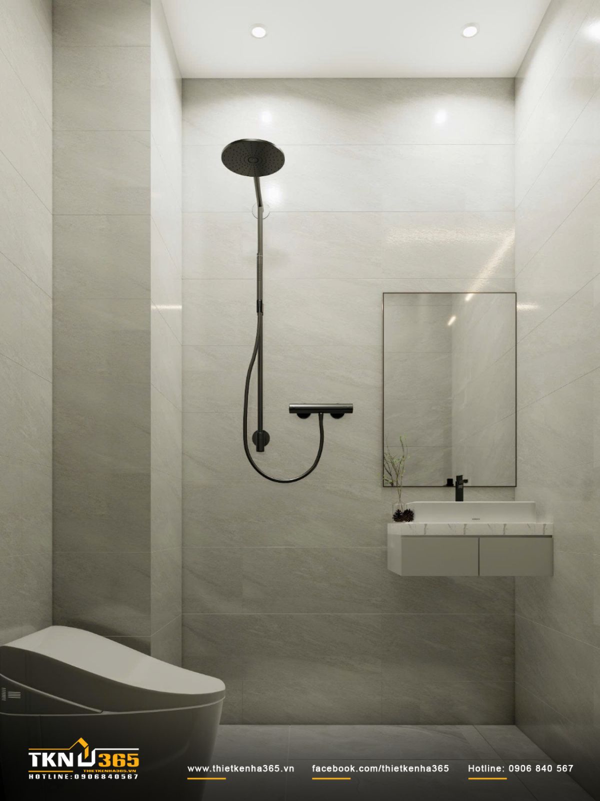 Bề mặt đ&aacute; s&aacute;ng v&agrave; phụ kiện t&ocirc;ng đen mờ tạo tương phản nhẹ, gi&uacute;p kh&ocirc;ng gian c&oacute; điểm nhấn nhưng vẫn h&agrave;i h&ograve;a tổng thể