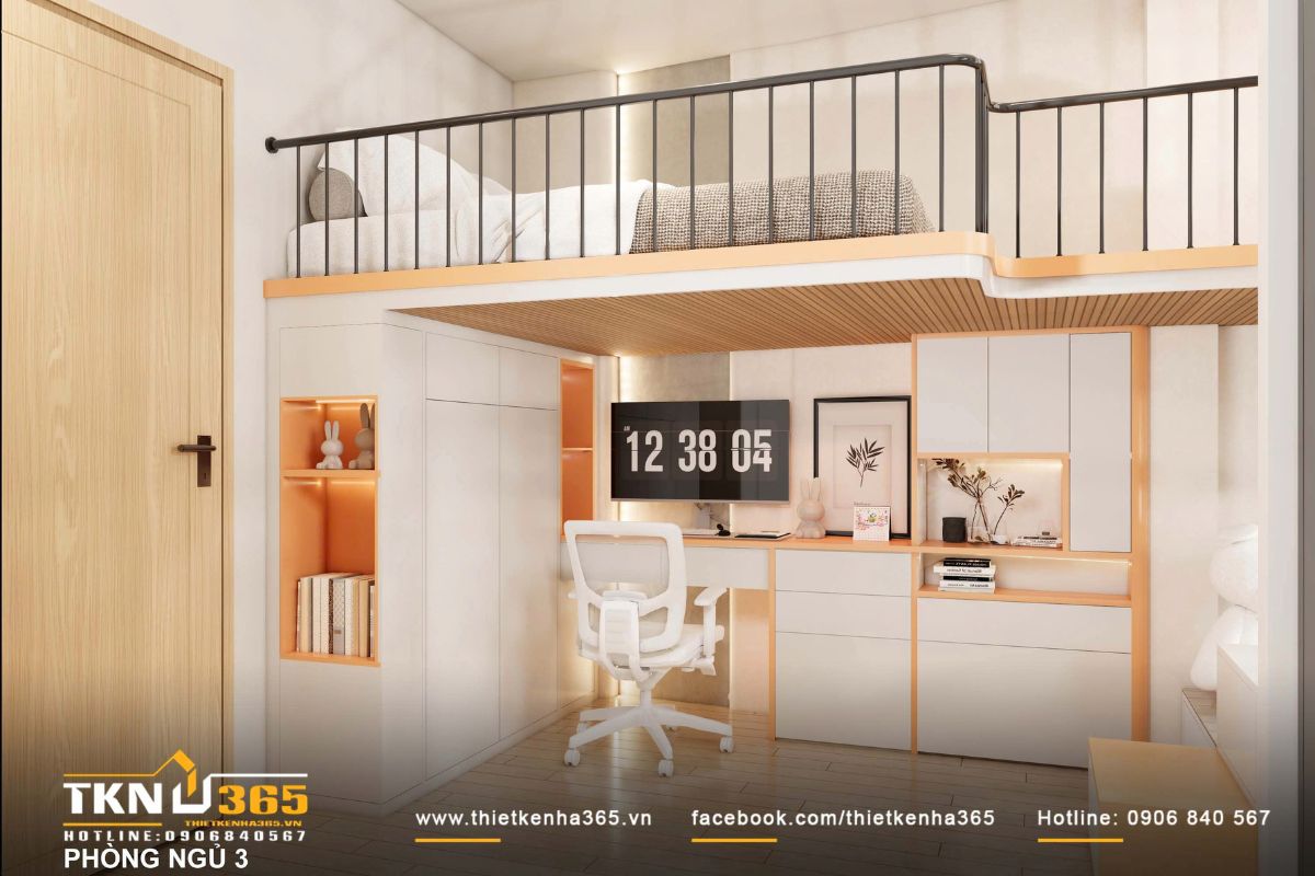 B&agrave;n học v&agrave; hệ tủ được thiết kế liền mạch, tận dụng chiều cao nh&agrave; phố v&agrave; đảm bảo sự gọn g&agrave;ng khi sử dụng h&agrave;ng ng&agrave;y