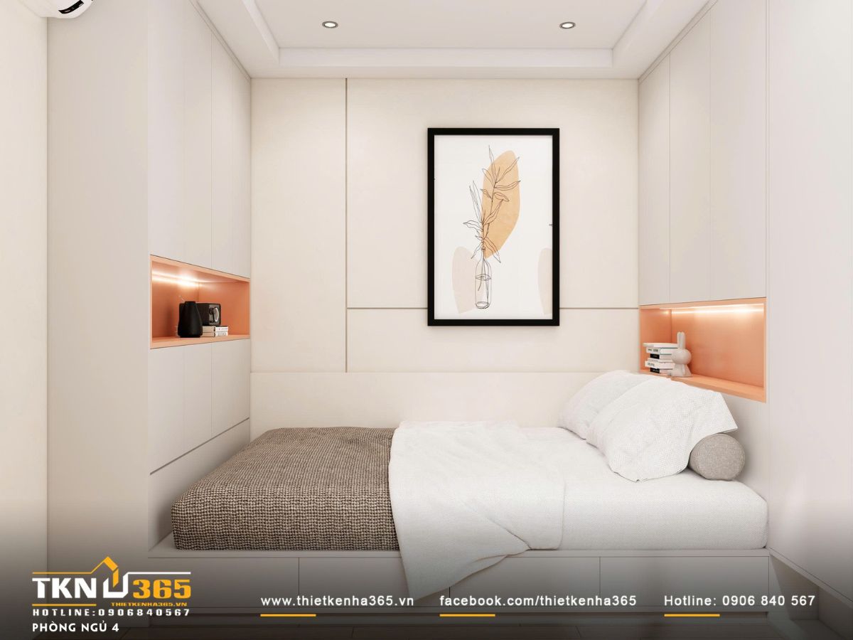 Ph&ograve;ng ngủ diện t&iacute;ch nhỏ vẫn giữ được sự tho&aacute;ng đ&atilde;ng nhờ bố cục tối giản v&agrave; gam m&agrave;u s&aacute;ng xuy&ecirc;n suốt