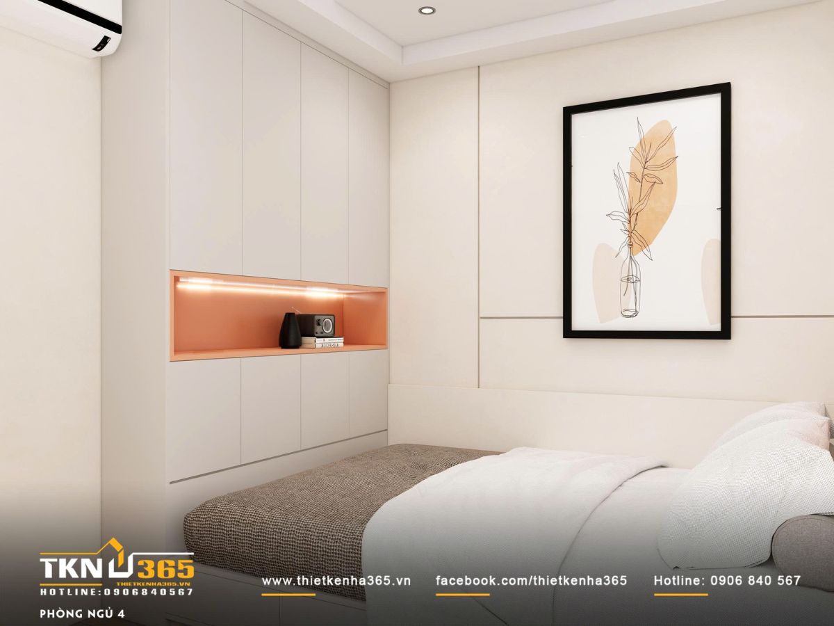 Mảng tường v&agrave; hốc trang tr&iacute; xử l&yacute; gọn g&agrave;ng, tạo chiều s&acirc;u thị gi&aacute;c cho ph&ograve;ng ngủ diện t&iacute;ch vừa phải