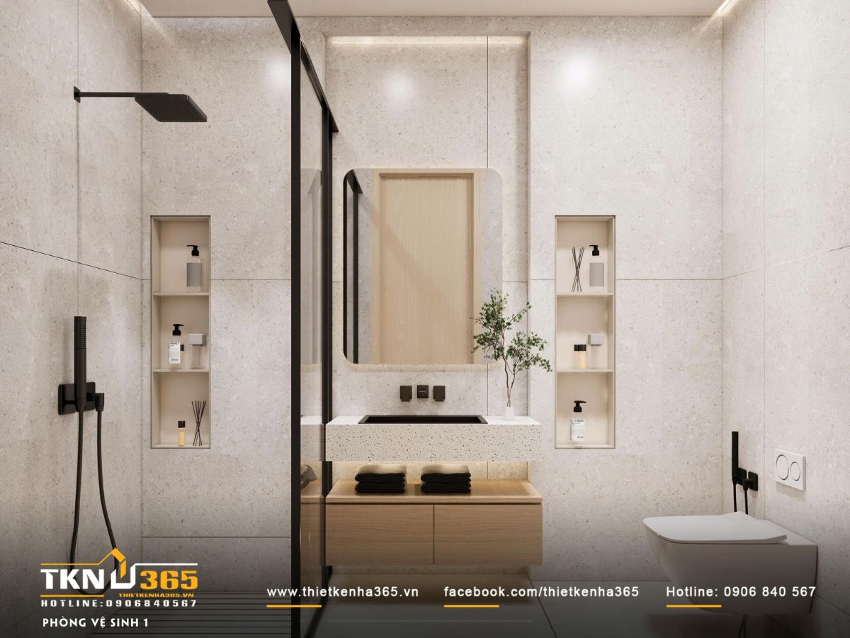 Ph&ograve;ng vệ sinh bố tr&iacute; theo trục thẳng, c&aacute;c khu chức năng ph&acirc;n t&aacute;ch r&otilde; r&agrave;ng, thuận tiện khi sử dụng