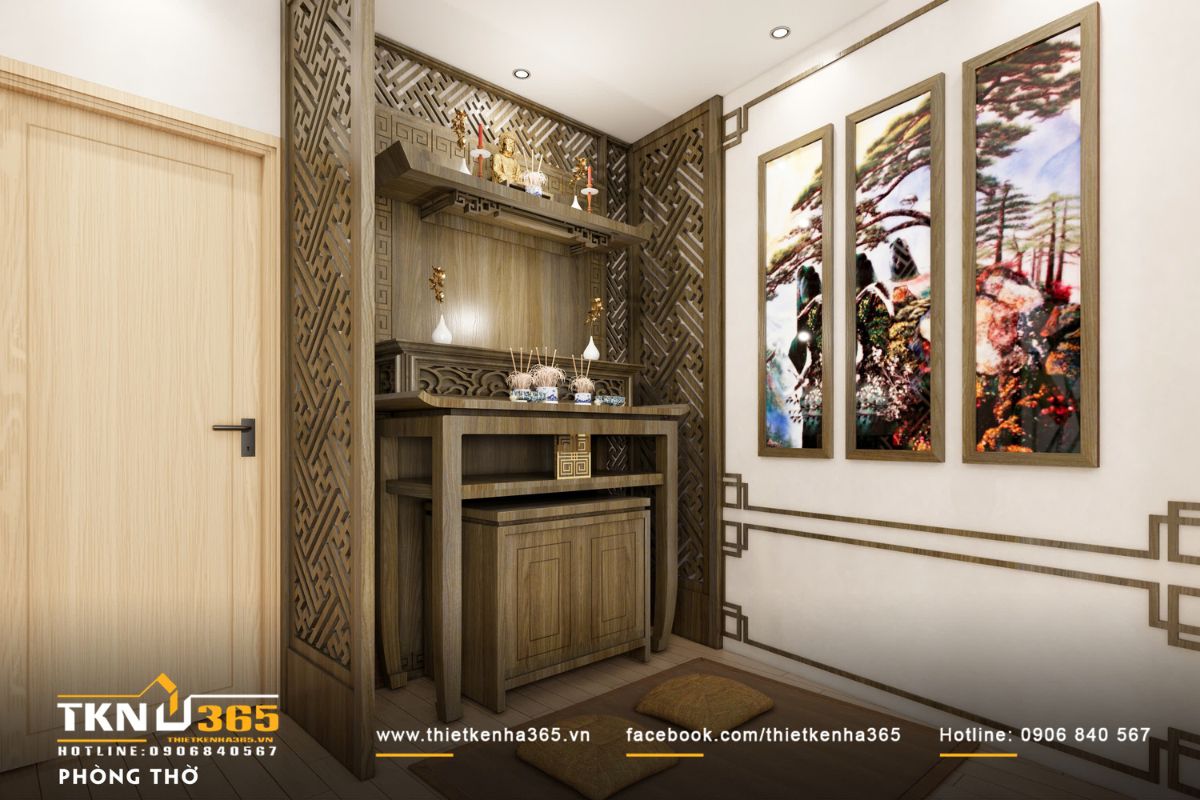 Hệ v&aacute;ch họa tiết kết hợp &aacute;nh s&aacute;ng &acirc;m gi&uacute;p ph&acirc;n định kh&ocirc;ng gian thờ m&agrave; vẫn giữ sự th&ocirc;ng tho&aacute;ng, nhẹ nh&agrave;ng