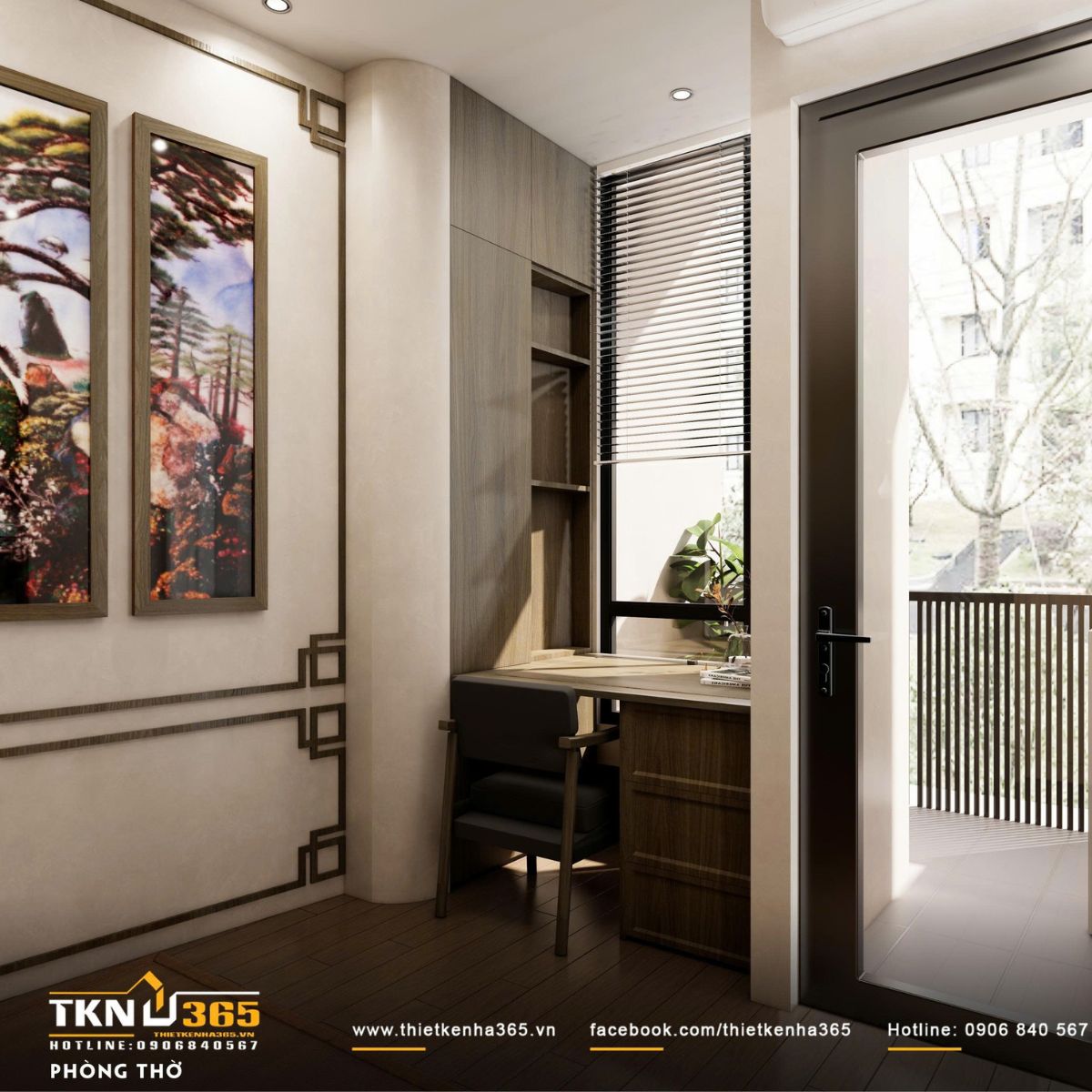 Khu vực b&agrave;n l&agrave;m việc nhỏ bố tr&iacute; liền kề, xử l&yacute; kh&eacute;o l&eacute;o để kh&ocirc;ng ảnh hưởng đến sự tĩnh tại của ph&ograve;ng thờ