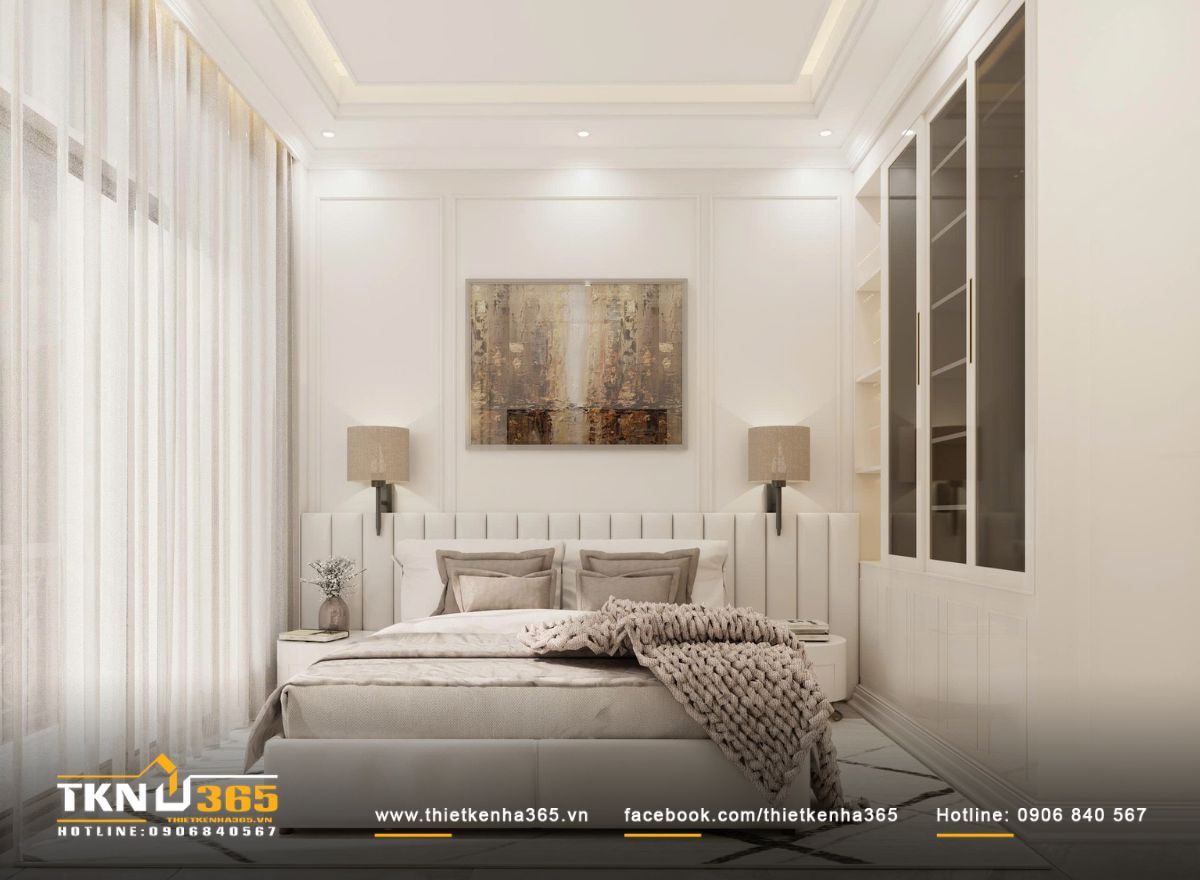 Ph&ograve;ng ngủ master tổ chức gọn g&agrave;ng với bố cục c&acirc;n đối, bảng m&agrave;u trung t&iacute;nh v&agrave; &aacute;nh s&aacute;ng dịu, tạo cảm gi&aacute;c thư gi&atilde;n ngay khi bước v&agrave;o