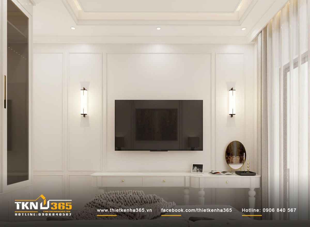 Mảng tường xử l&yacute; ph&agrave;o chỉ đơn giản, b&agrave;n trang điểm v&agrave; kệ bố tr&iacute; liền mạch, đ&aacute;p ứng c&ocirc;ng năng nhưng kh&ocirc;ng g&acirc;y rối thị gi&aacute;c