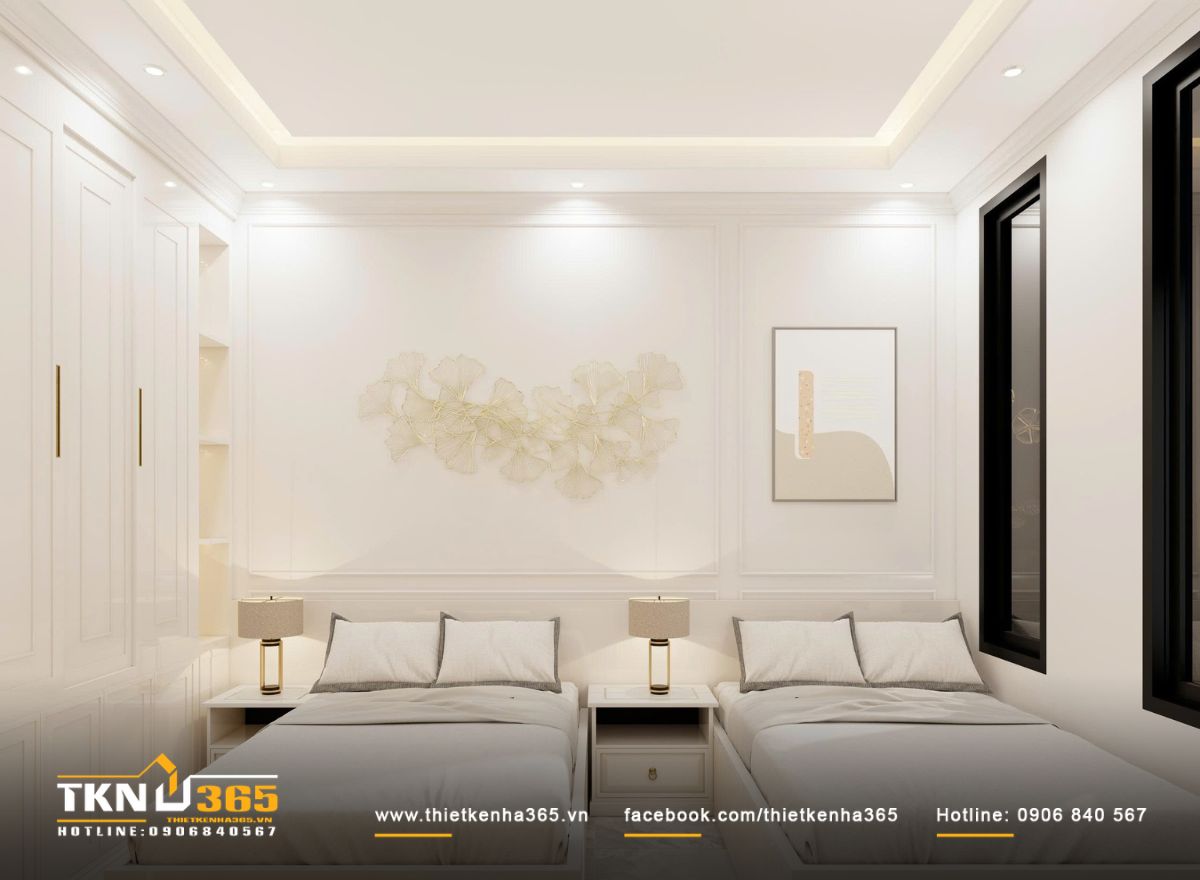 Ph&ograve;ng ngủ đ&ocirc;i sử dụng bố cục đối xứng v&agrave; nội thất tiết chế, đảm bảo sự c&acirc;n bằng v&agrave; thoải m&aacute;i trong sinh hoạt h&agrave;ng ng&agrave;y