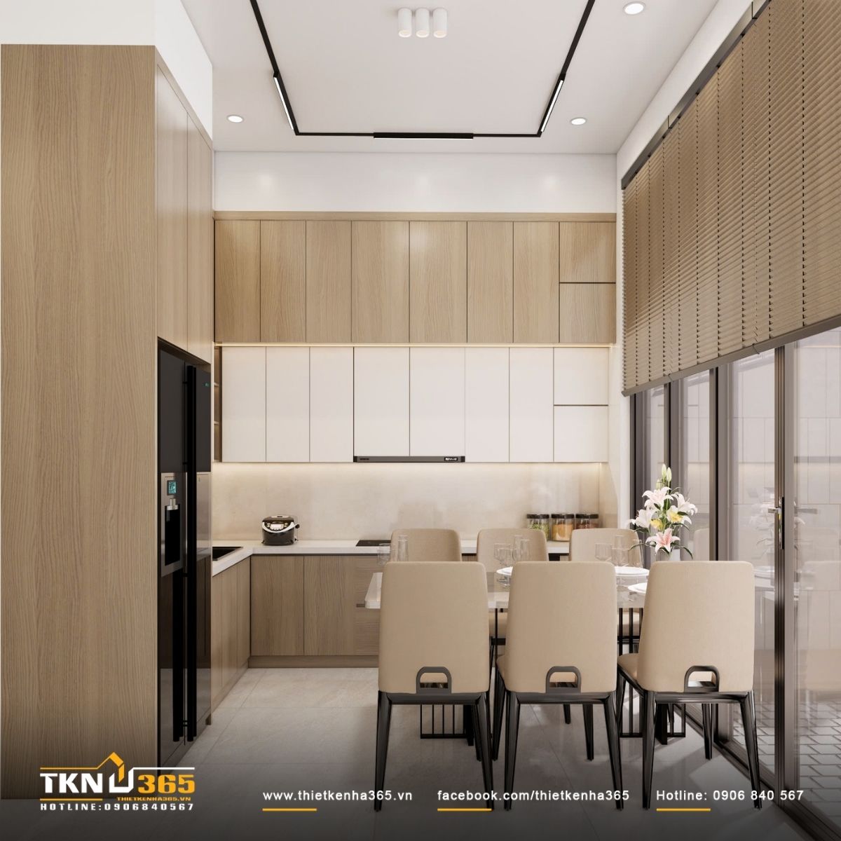 Kh&ocirc;ng gian bếp - ăn thiết kế hiện đại, tổ chức gọn g&agrave;ng với hệ tủ kịch trần, bảng m&agrave;u trung t&iacute;nh v&agrave; &aacute;nh s&aacute;ng gi&aacute;n tiếp tạo cảm gi&aacute;c ấm &aacute;p, sạch sẽ