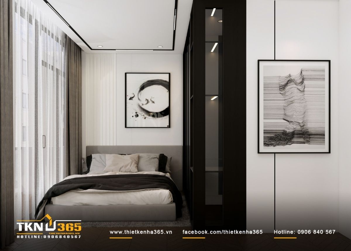 Ph&ograve;ng ngủ tổ chức theo bố cục gọn g&agrave;ng, &aacute;nh s&aacute;ng dịu v&agrave; bảng m&agrave;u trung t&iacute;nh tạo cảm gi&aacute;c thư gi&atilde;n ngay khi bước v&agrave;o