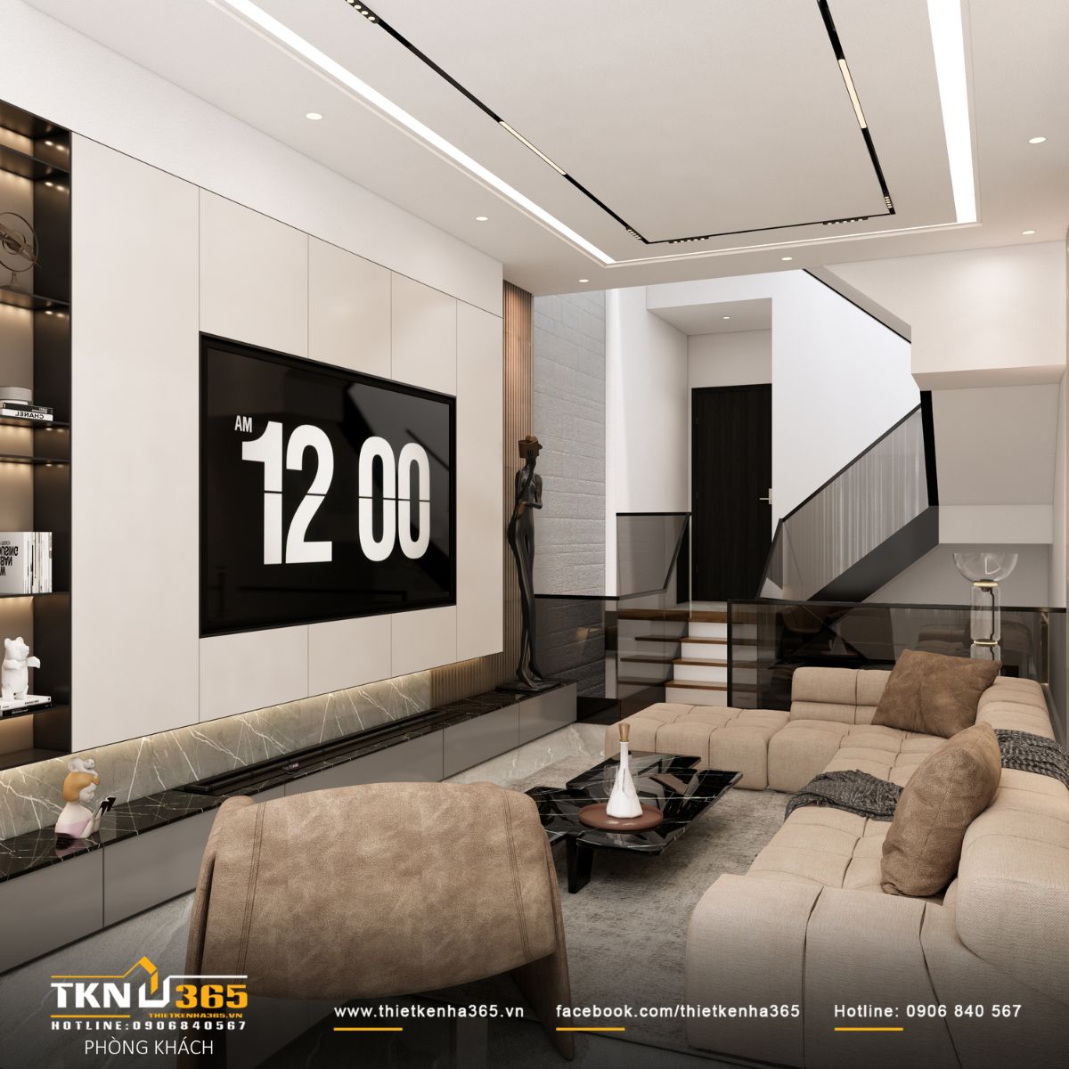 Hệ tủ và mảng tường xử lý phẳng giúp phòng khách tầng 2 luôn gọn gàng