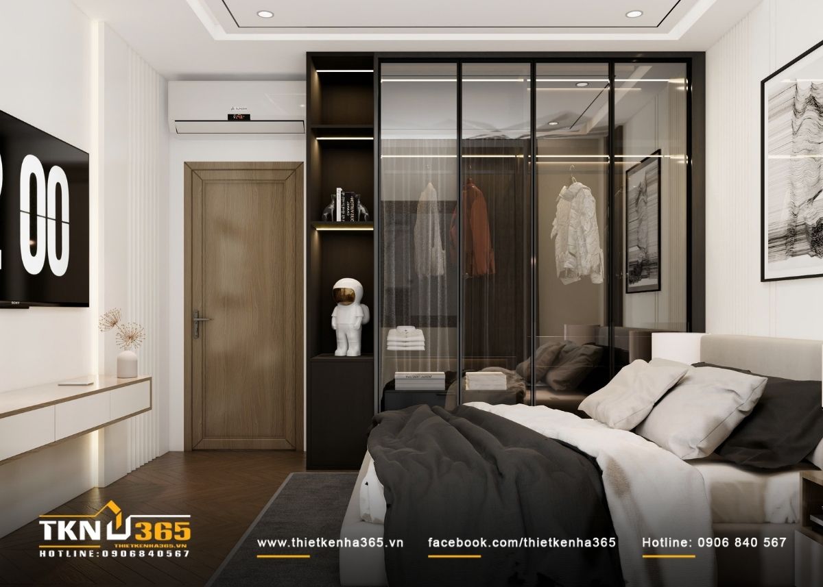 Sự kết hợp giữa bề mặt gỗ tối v&agrave; gam s&aacute;ng trung t&iacute;nh mang lại cảm gi&aacute;c ổn định, trầm tĩnh cho ph&ograve;ng ngủ