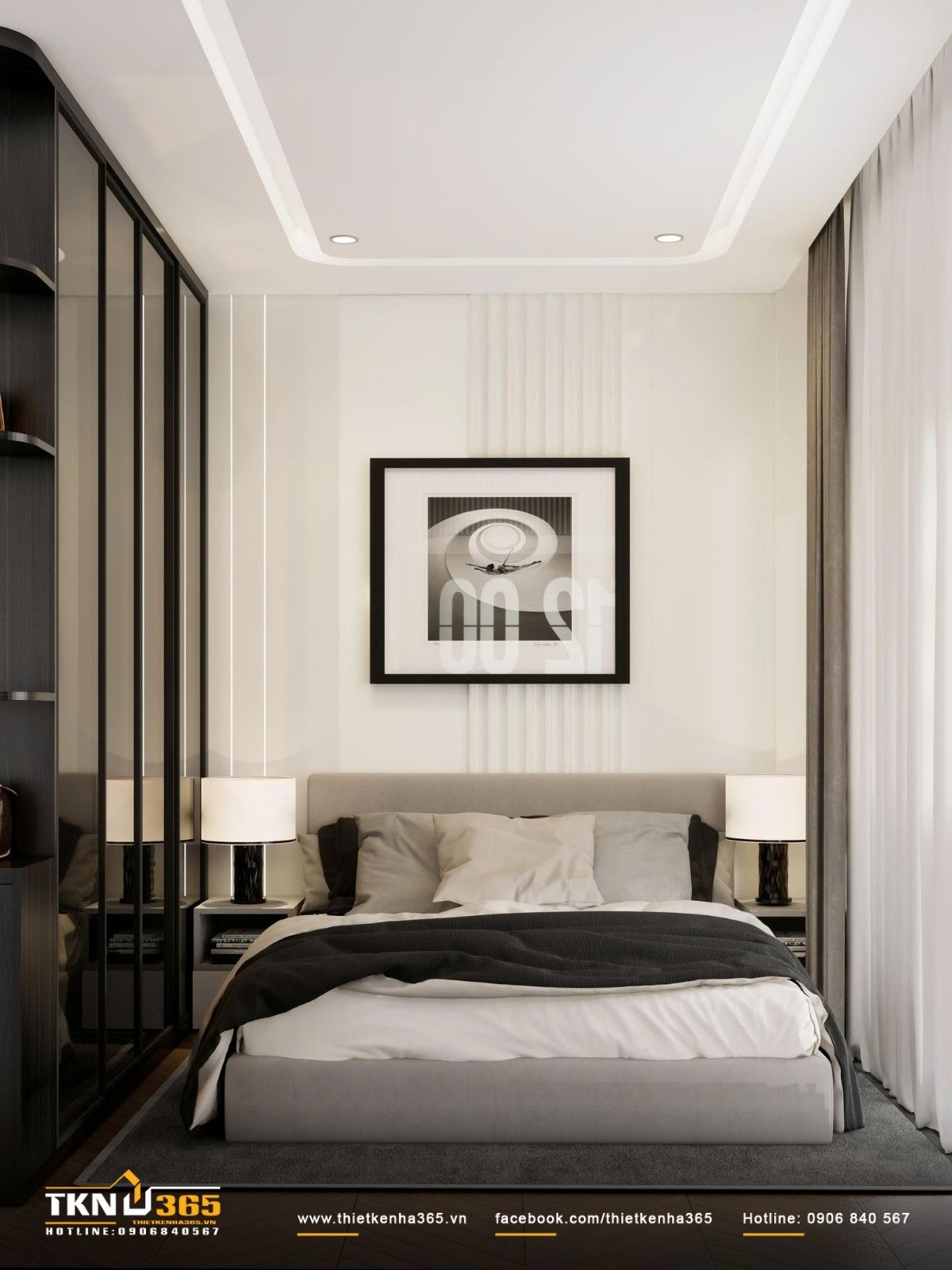 Trục giường - tranh treo được c&acirc;n chỉnh đối xứng, tạo cảm gi&aacute;c ổn định v&agrave; trật tự trong kh&ocirc;ng gian nghỉ ngơi