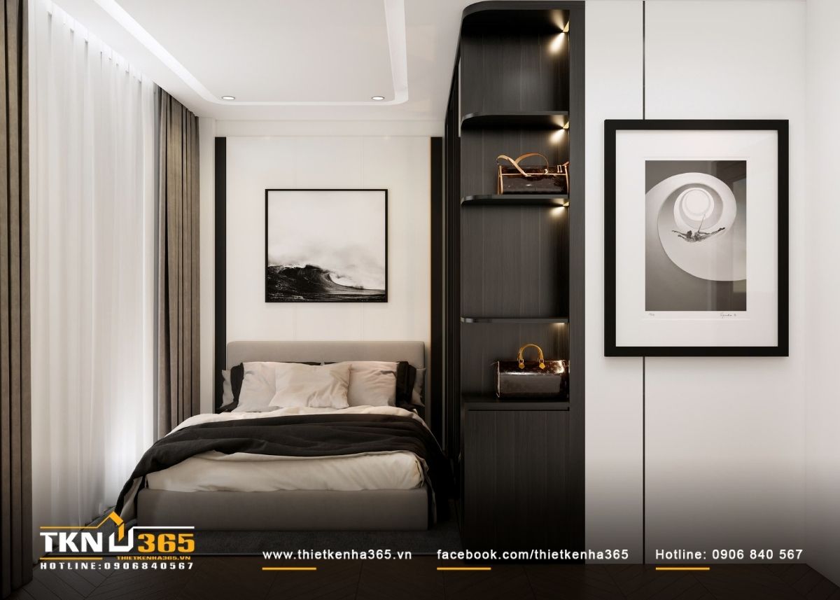 Hệ kệ bo cong t&iacute;ch hợp trang tr&iacute; đ&oacute;ng vai tr&ograve; &ldquo;v&aacute;ch đệm&rdquo;, vừa ph&acirc;n t&aacute;ch vừa dẫn hướng &aacute;nh nh&igrave;n trong ph&ograve;ng