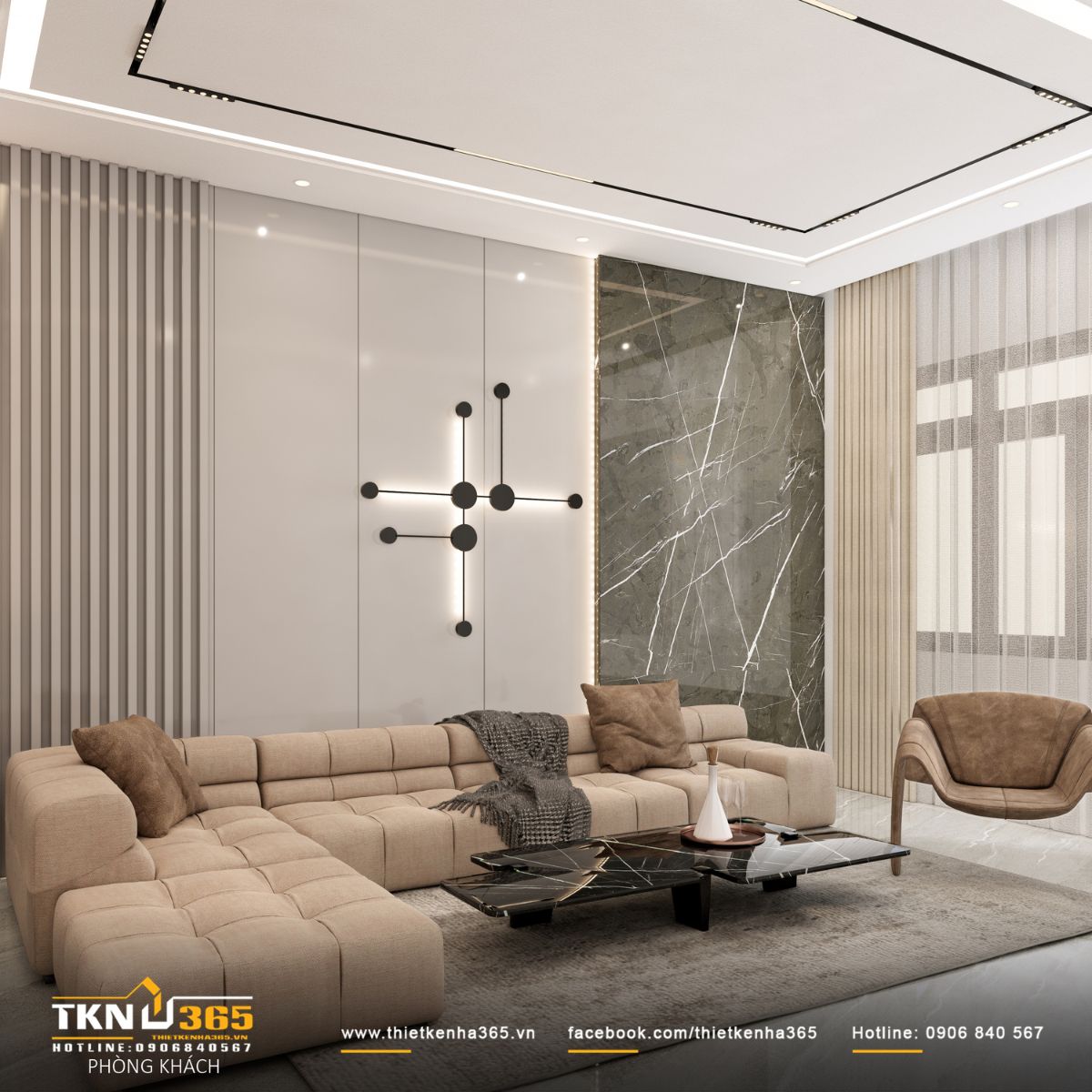 Bảng màu trắng - be - xám kết hợp mảng tường ốp đá và chi tiết trang trí tiết chế, tạo chiều sâu cho không gian