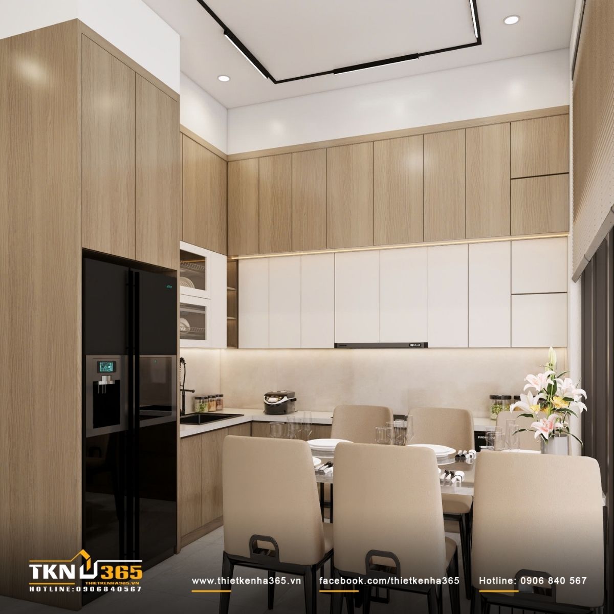 Tổng thể khu bếp cho thấy sự liền mạch giữa khu nấu nướng v&agrave; b&agrave;n ăn, ưu ti&ecirc;n c&ocirc;ng năng v&agrave; sự thuận tiện trong sinh hoạt h&agrave;ng ng&agrave;y