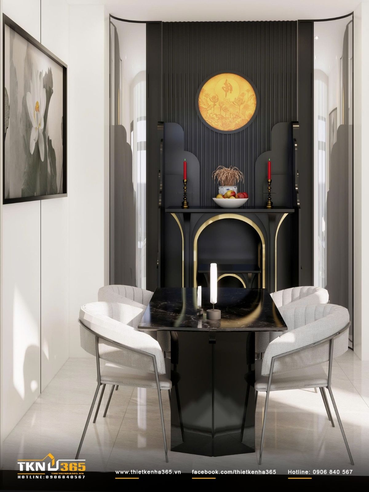 Kh&ocirc;ng gian ph&ograve;ng thờ đặt tr&ecirc;n trục trung t&acirc;m, bố cục c&acirc;n xứng gi&uacute;p giữ sự trang nghi&ecirc;m v&agrave; tĩnh tại