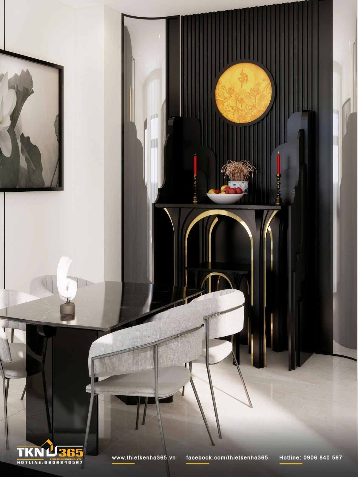 Mảng nền tối kết hợp &aacute;nh s&aacute;ng ấm l&agrave;m nổi bật b&agrave;n thờ, tạo chiều s&acirc;u cảm x&uacute;c cho kh&ocirc;ng gian t&acirc;m linh