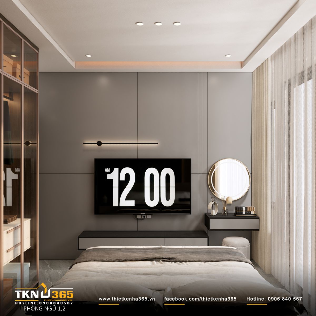 Phòng ngủ được bố trí thêm tivi, đáp ứng nhu cầu thư giãn của các thành viên trong gia đình