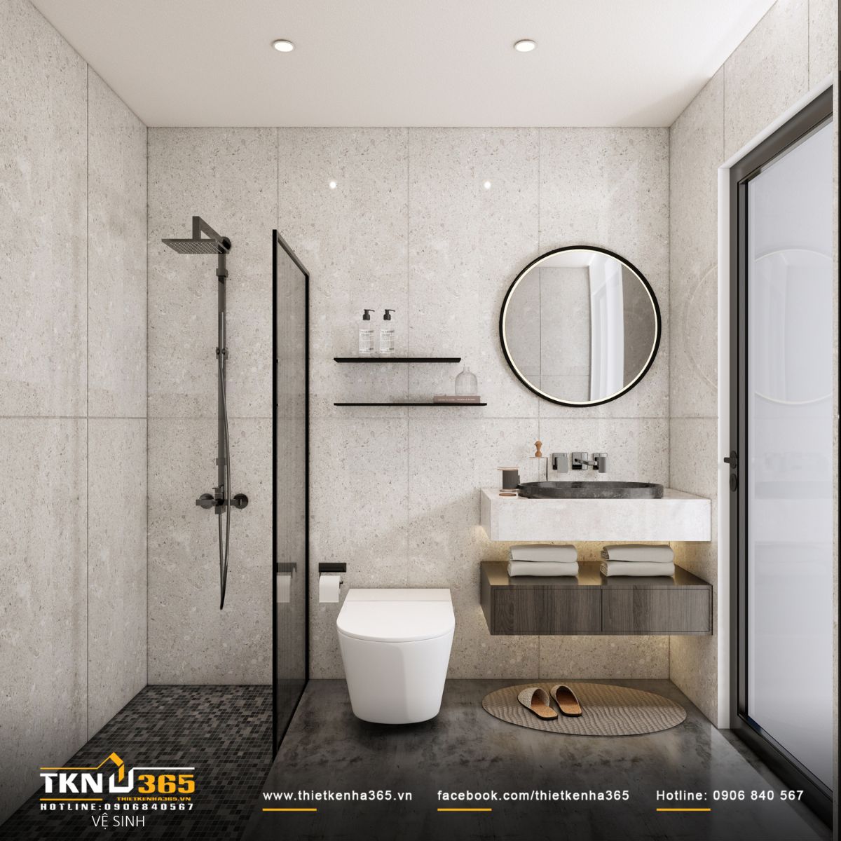Nhà vệ sinh sử dụng tông xám nhạt chủ đạo, tạo cảm giác sạch sẽ và hiện đại
