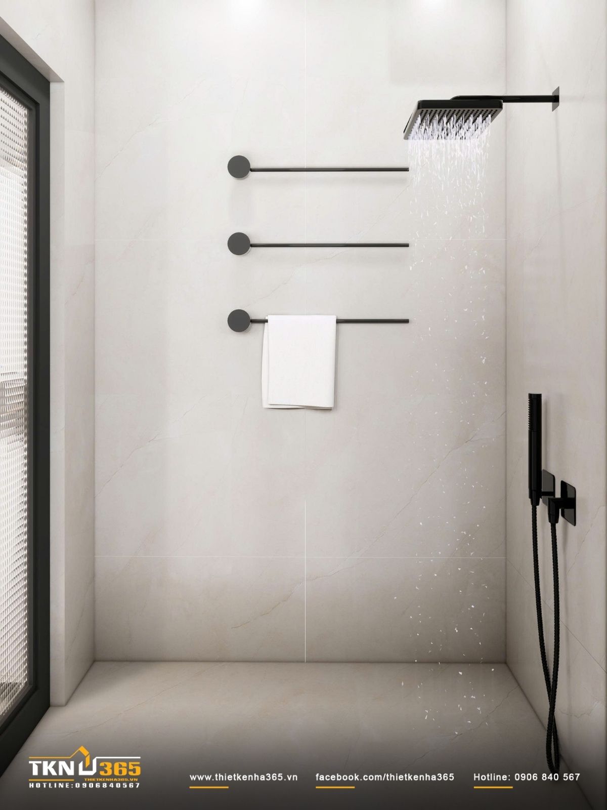 Khu tắm đứng thiết kế tối giản, đường n&eacute;t thẳng v&agrave; vật liệu s&aacute;ng gi&uacute;p kh&ocirc;ng gian lu&ocirc;n sạch sẽ, dễ chịu