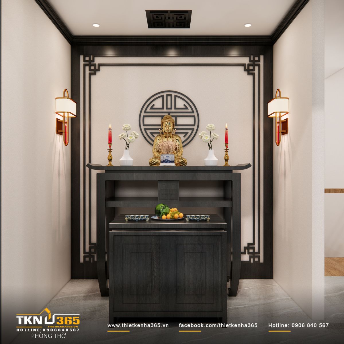 Phòng thờ tầng 4 bố trí gọn gàng, giữ sự trang nghiêm và tĩnh tại cho không gian sinh hoạt tâm linh