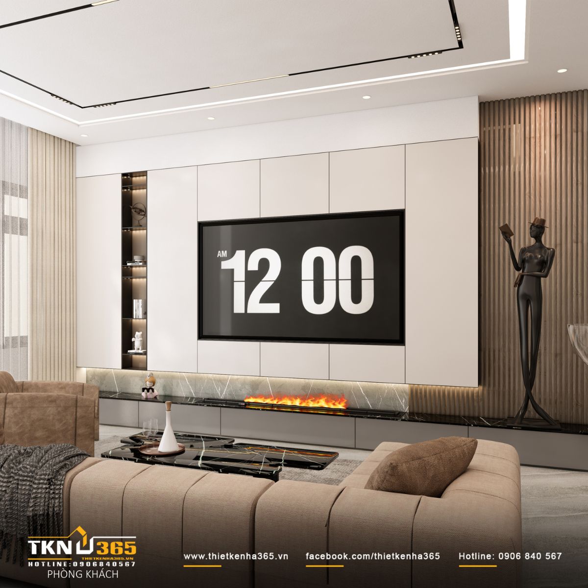 Hệ tủ phẳng kết hợp gỗ và đá xử lý tối giản, tránh cảm giác nặng nề thường gặp ở nhà phố nhiều tầng