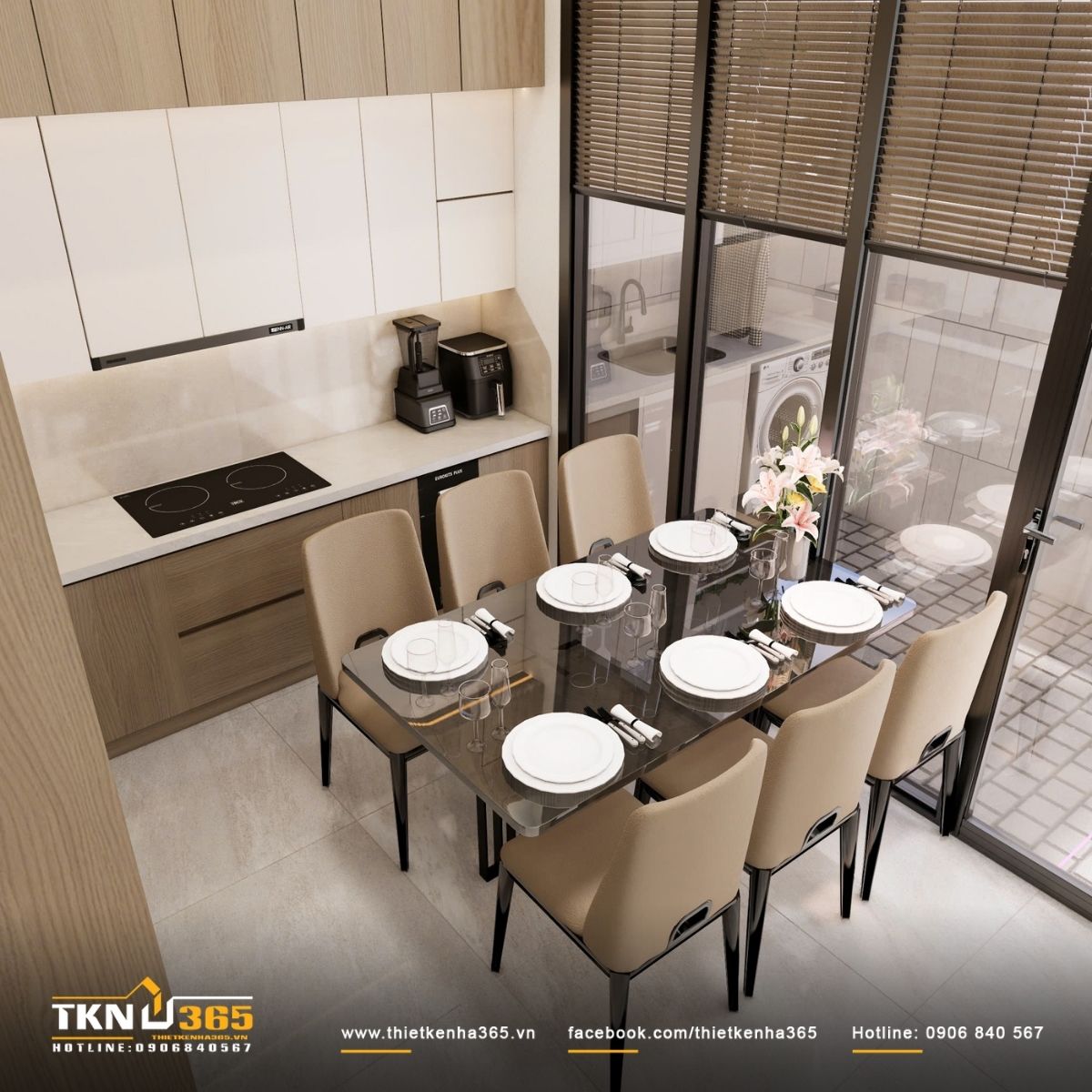 B&agrave;n ăn đặt cạnh mảng k&iacute;nh lớn hướng ra s&acirc;n sau, tận dụng &aacute;nh s&aacute;ng tự nhi&ecirc;n, gi&uacute;p kh&ocirc;ng gian lu&ocirc;n th&ocirc;ng tho&aacute;ng v&agrave; dễ chịu