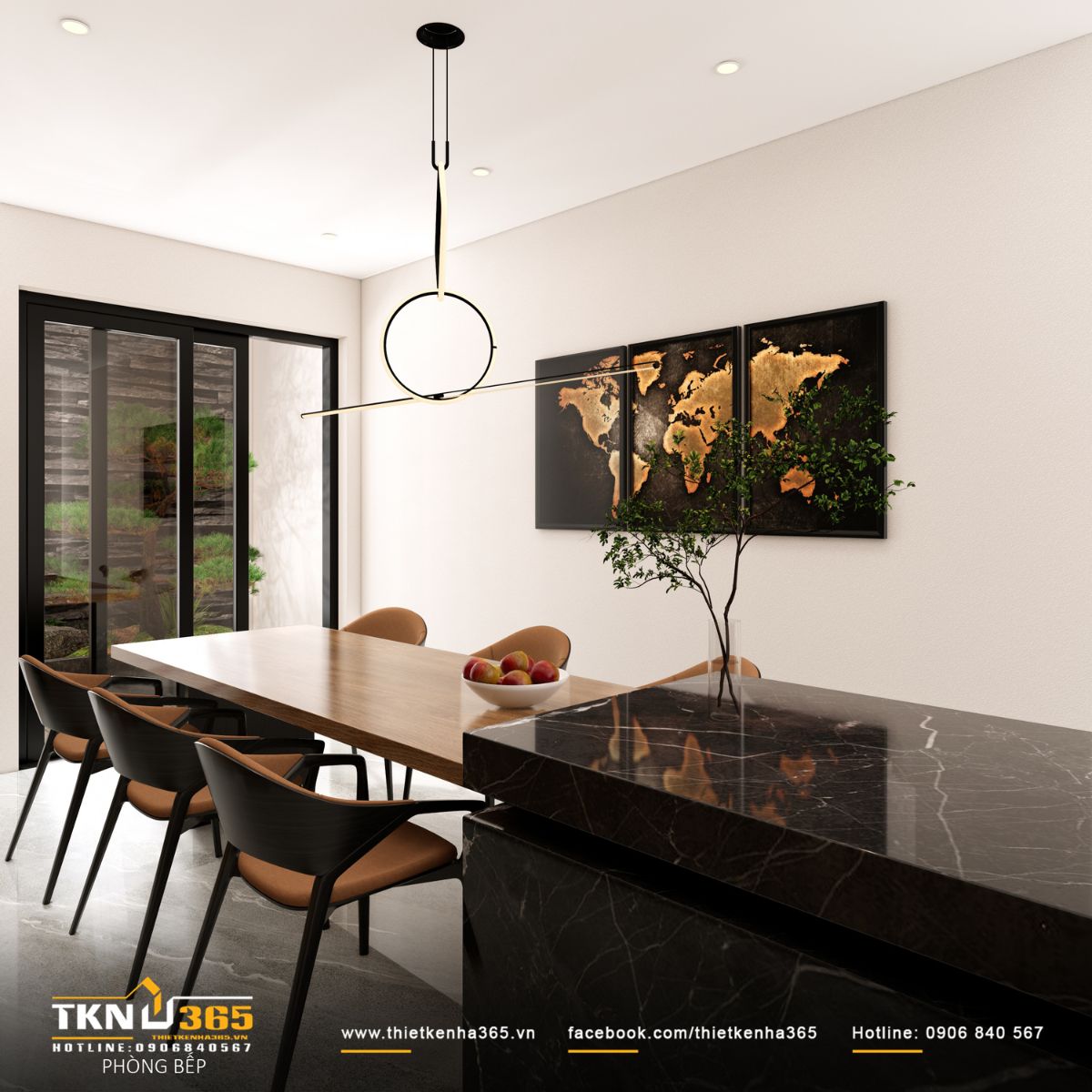 Ánh sáng tự nhiên kết hợp cây xanh giúp khu vực ăn uống trở nên mềm mại và cân bằng cảm xúc