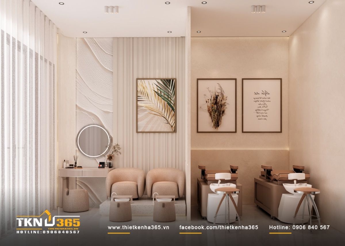 Kh&ocirc;ng gian tầng trệt được tổ chức theo bố cục mềm mại, ph&acirc;n t&aacute;ch vừa đủ giữa khu l&agrave;m nail v&agrave; spa