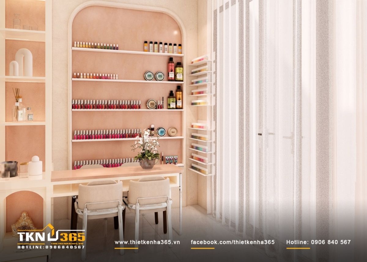 Khu l&agrave;m nail bố tr&iacute; gọn g&agrave;ng với b&agrave;n ghế thiết kế đồng bộ, bảng m&agrave;u trung t&iacute;nh tạo cảm gi&aacute;c th&acirc;n thiện, dễ tiếp cận