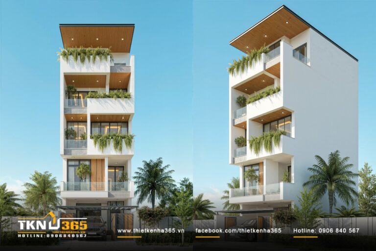 Thiết kế nh&agrave; phố 5 tầng với ban c&ocirc;ng xanh thumb