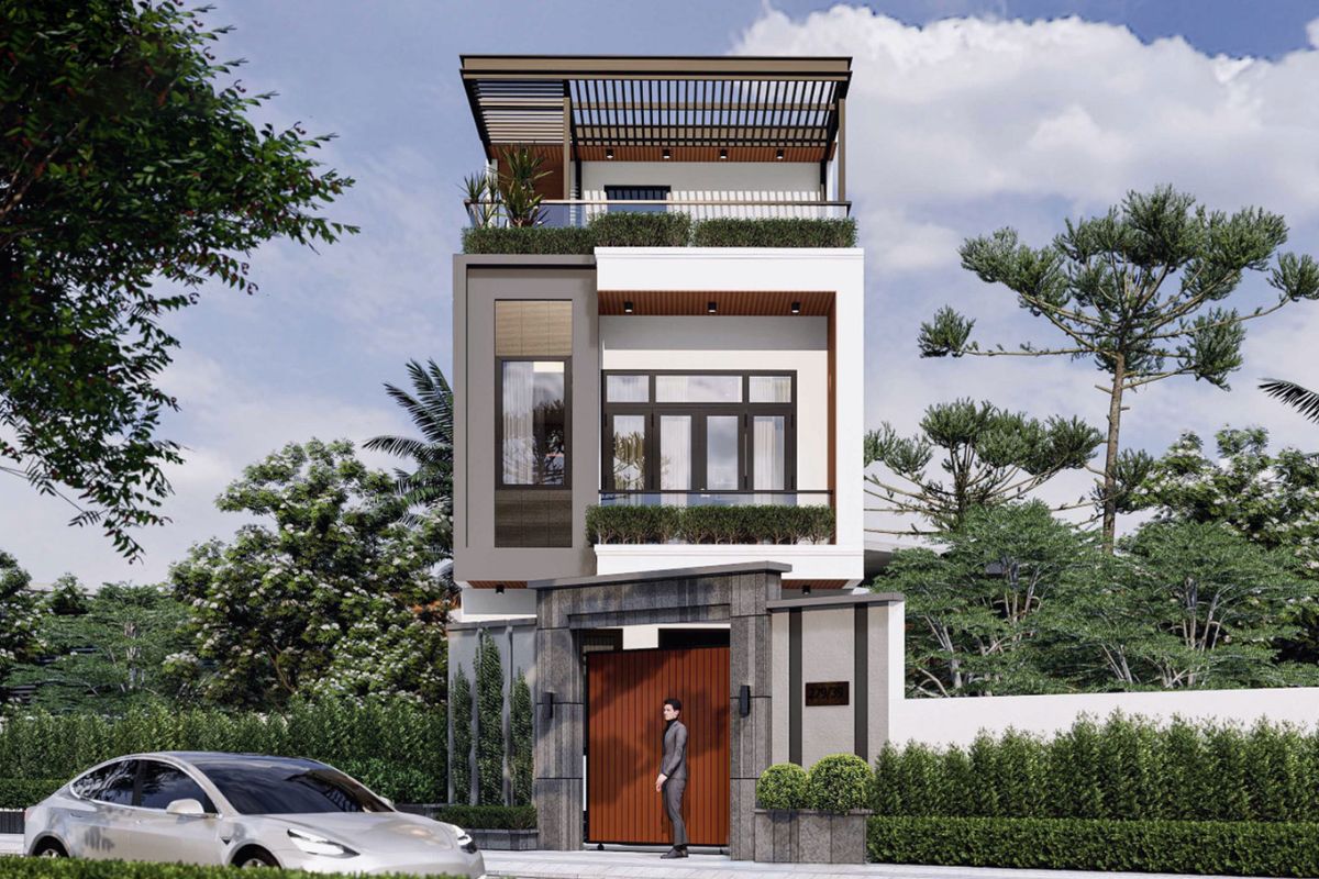 Mẫu nhà 1 trệt 1 lầu mái bằng có sân thượng thiết kế theo phong cách hiện đại (Ảnh: Sưu tầm)