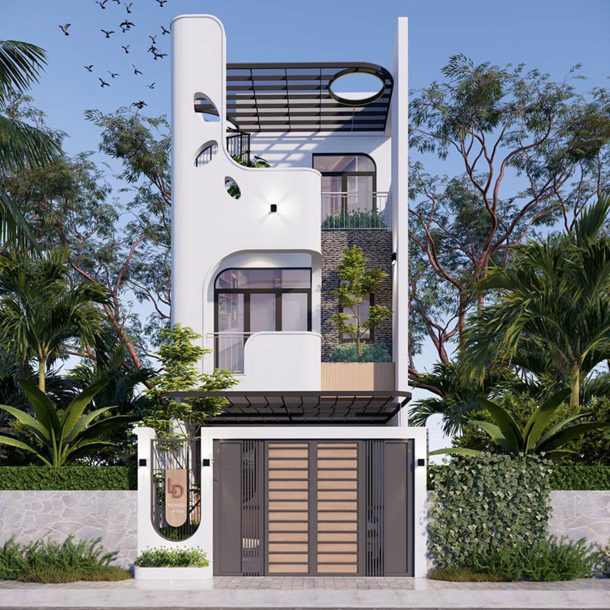 Mẫu nhà phố 1 trệt 1 lầu 1 sân thượng phong cách hiện đại (Ảnh: Sưu tầm)