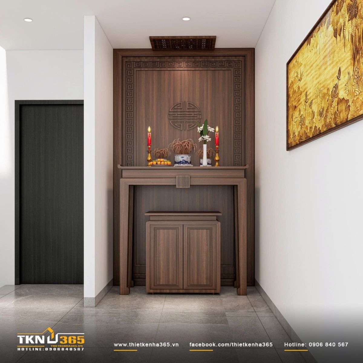 Mẫu nhà 1 trệt 1 lầu sân thượng trước, phòng thờ phía sau để đảm bảo không gian thờ cúng linh thiêng