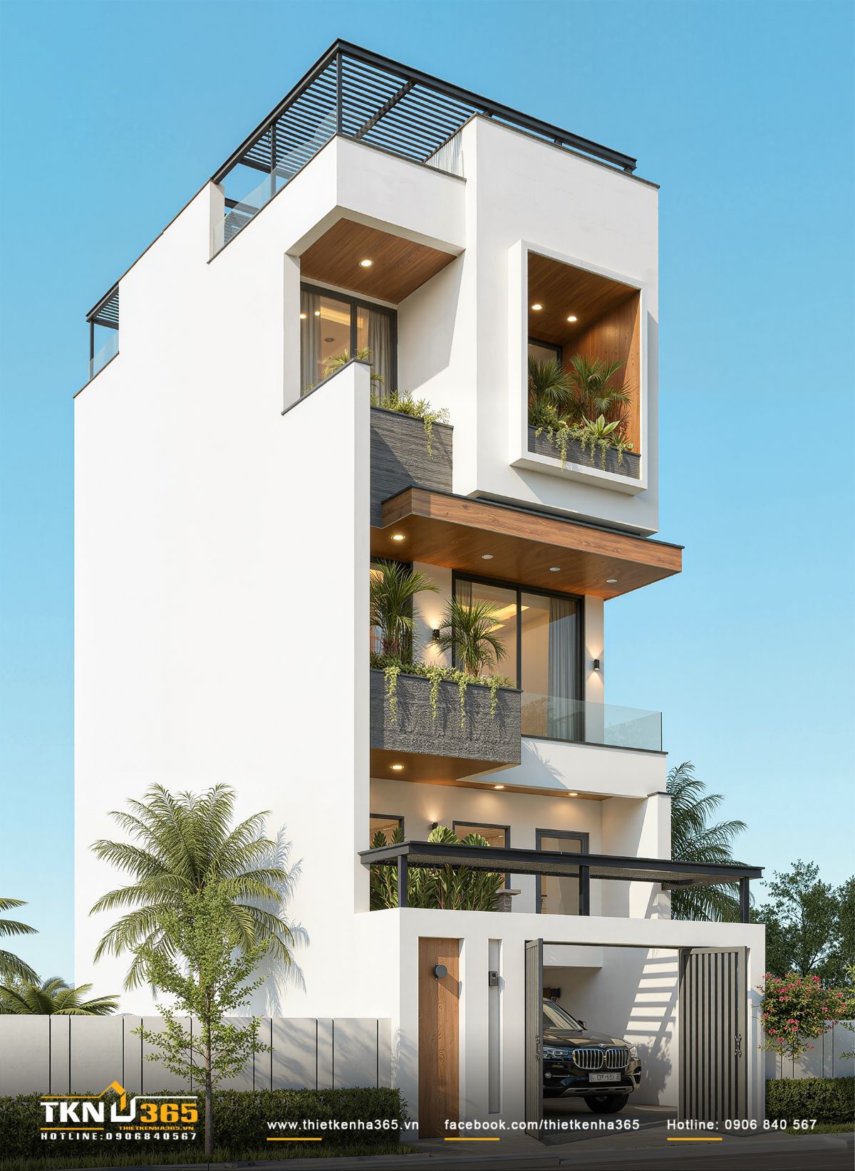 Khối hộp lõm tại lầu ba trở thành logia trồng cây, đóng vai trò như một “khoảng thở” và lớp đệm che nắng cho hệ cửa kính phía sau