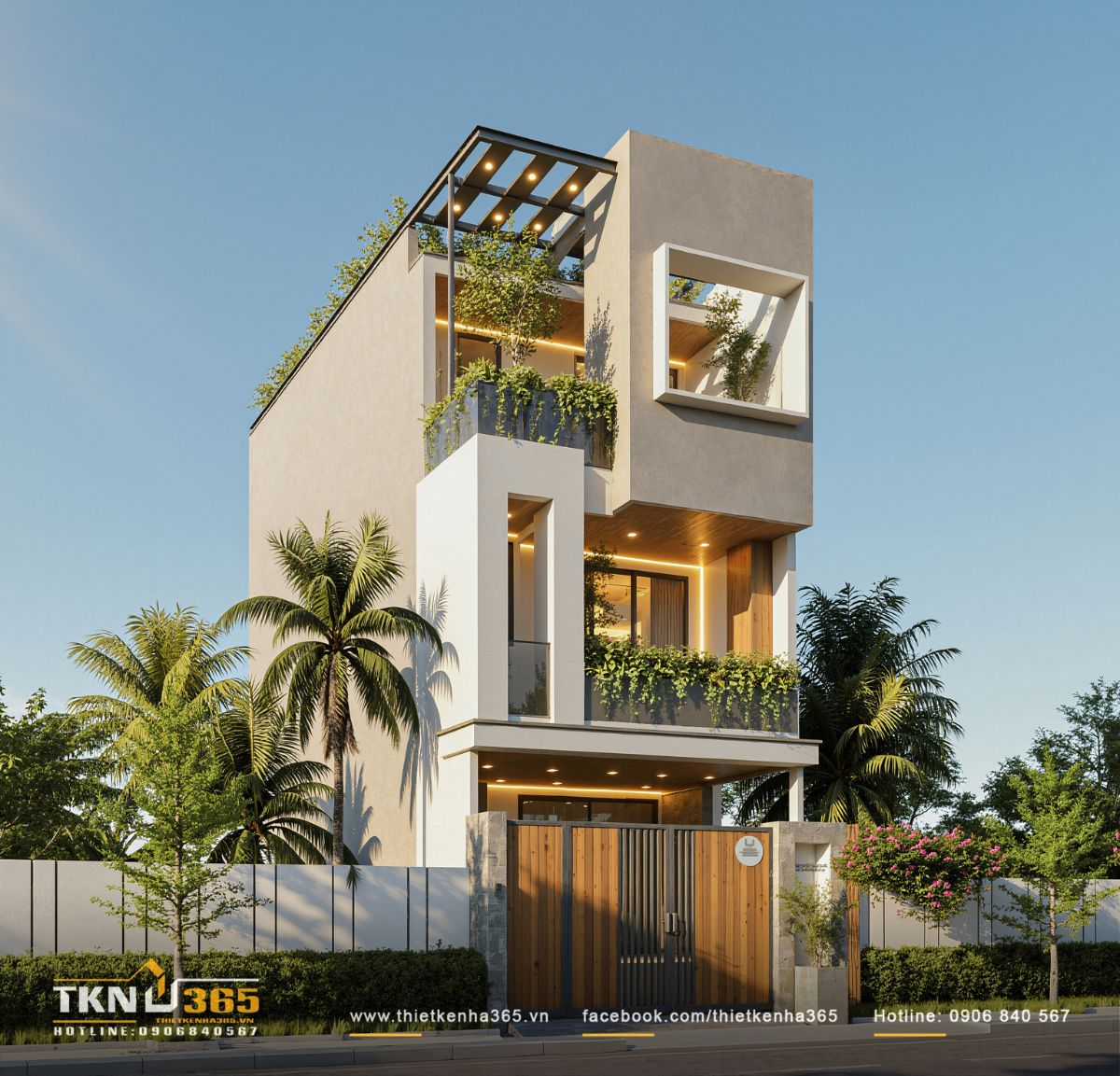 Hệ pergola thép trên sân thượng kết hợp mảng xanh bố trí liên tục theo chiều cao, tạo lớp đệm vi khí hậu cho mặt tiền nhà phố 3 tầng