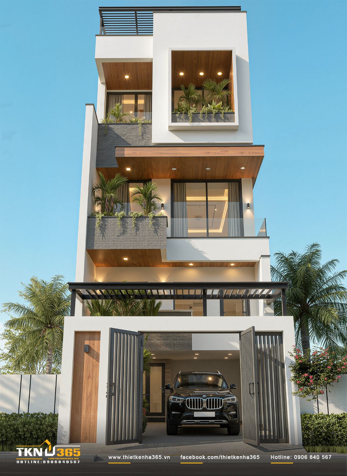 Sự chuyển tiếp vật liệu giữa tường trắng, mảng ốp xám và trần ốp gỗ tạo chiều sâu thị giác, giúp mặt tiền giữ được cảm giác ấm áp dù hình khối vuông vức