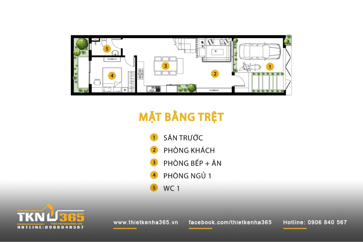 Tầng trệt nhà phố 3 tầng bố trí xuyên suốt phòng khách - bếp - ăn
