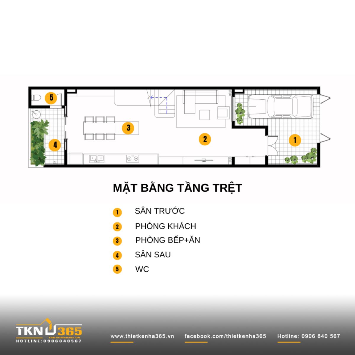 Mặt bằng tầng trệt tổ chức theo trục thẳng: Sân trước - phòng khách - bếp ăn - sân sau, đảm bảo lưu thông và lấy sáng xuyên suốt chiều sâu 20m