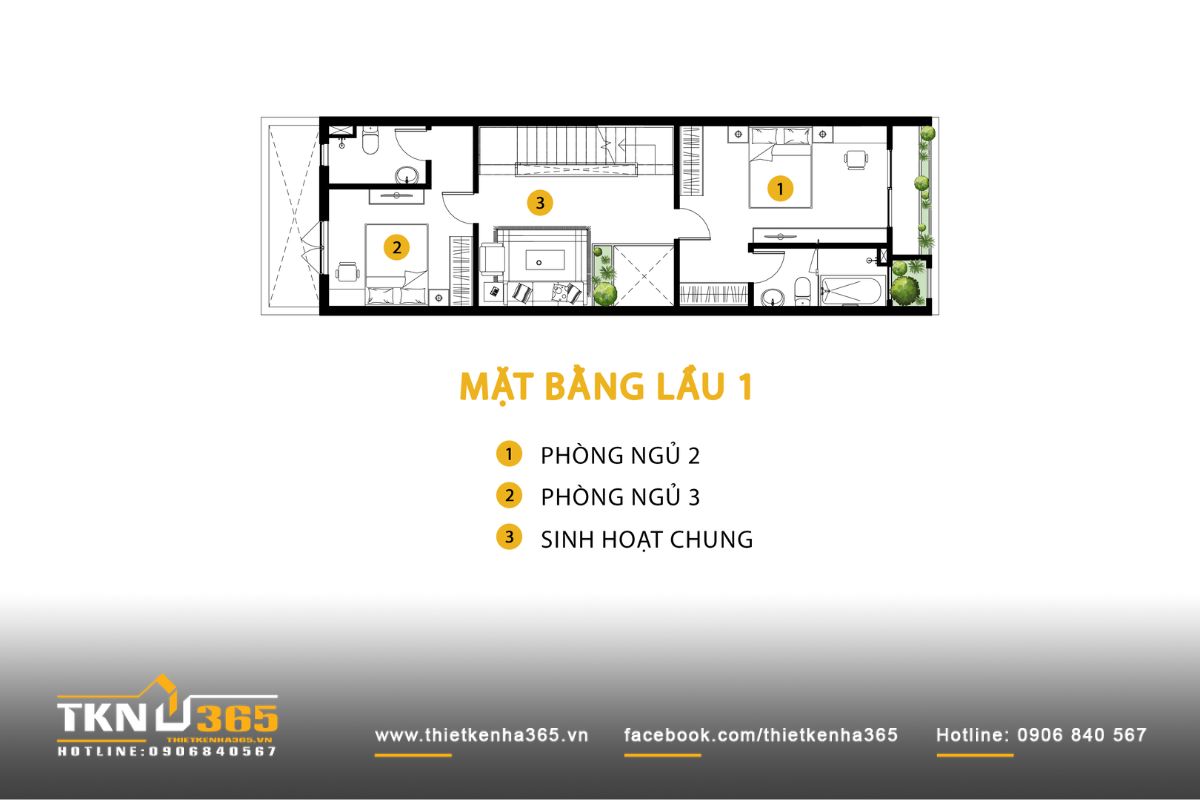 Mặt bằng lầu 1 với hai phòng ngủ đặt hai đầu nhà, khu vực sinh hoạt chung đóng vai trò vùng đệm trung tâm