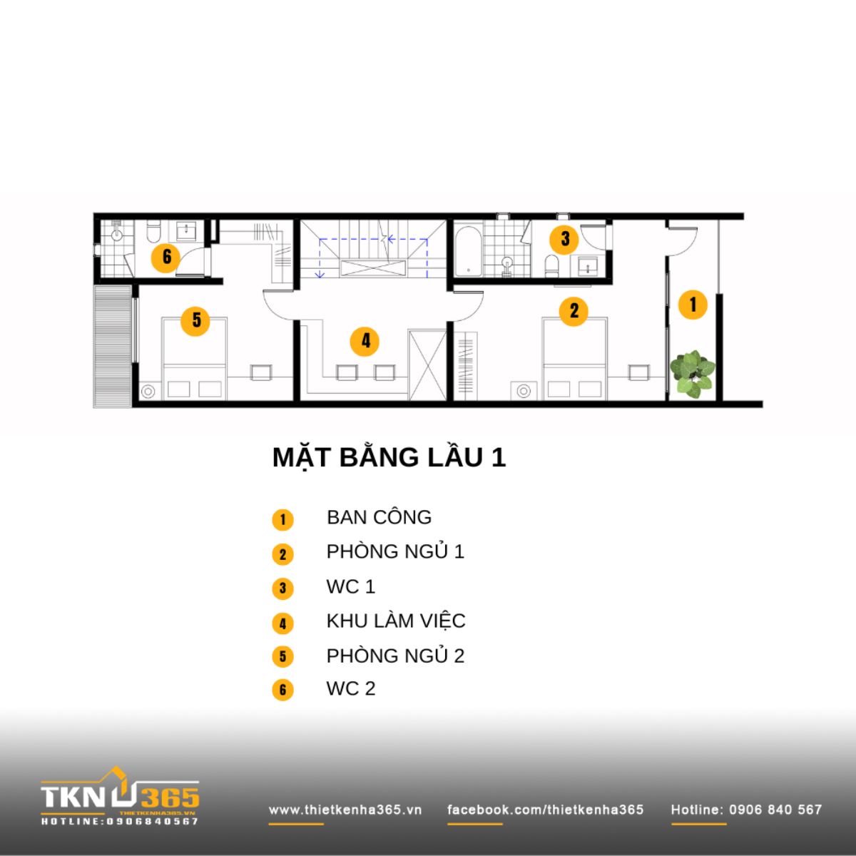 Mặt bằng lầu một với hai phòng ngủ bố trí đối xứng qua lõi thang, khu làm việc đặt ở vị trí trung tâm, tăng tính linh hoạt cho sinh hoạt gia đình