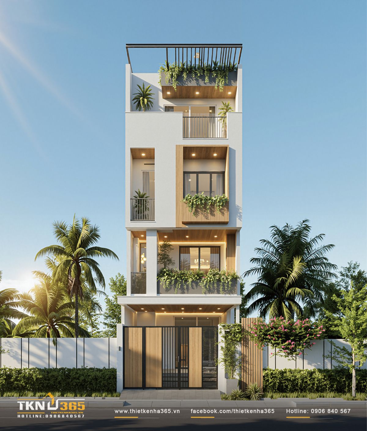 Mặt tiền nh&agrave; phố 4 tầng 5x18m thiết kế theo phong c&aacute;ch hiện đại tối giản, khối ban c&ocirc;ng đua nhẹ kết hợp bồn c&acirc;y nhiều tầng lớp tạo chiều s&acirc;u v&agrave; lớp đệm giảm nắng trực tiếp