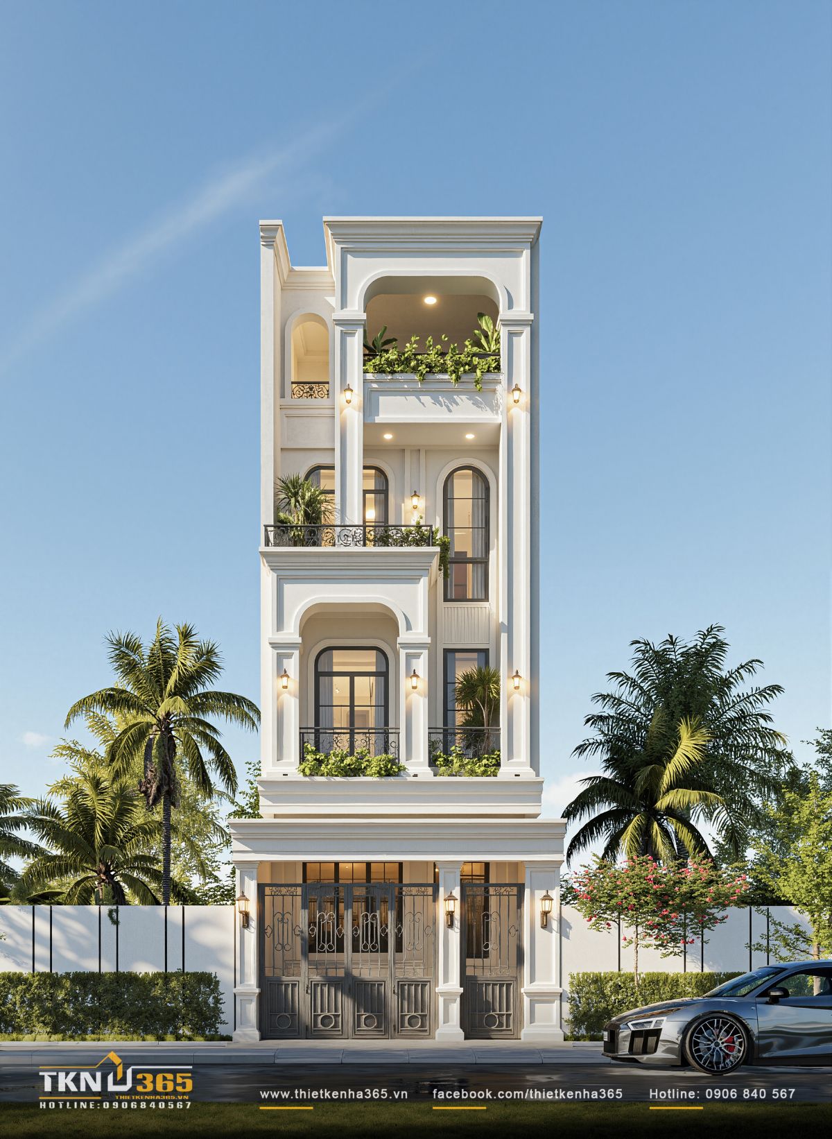 Nhà phố 4 tầng 5x18m phong cách tân cổ điển tạo dấu ấn với tỷ lệ trục đứng cân đối và hệ vòm cong đặc trưng