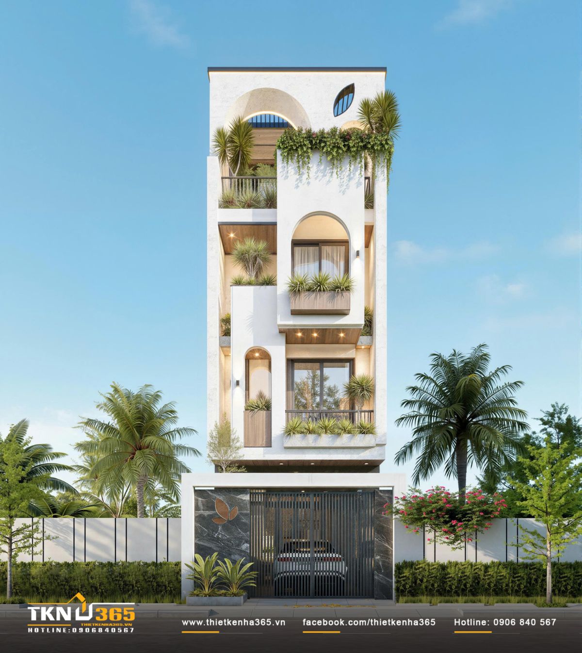 Mặt tiền nh&agrave; phố 4 tầng 4x18m nổi bật với hệ v&ograve;m cong đặt trong khối vu&ocirc;ng vức, tạo đối thoại mềm - cứng r&otilde; r&agrave;ng ngay từ &aacute;nh nh&igrave;n đầu ti&ecirc;n