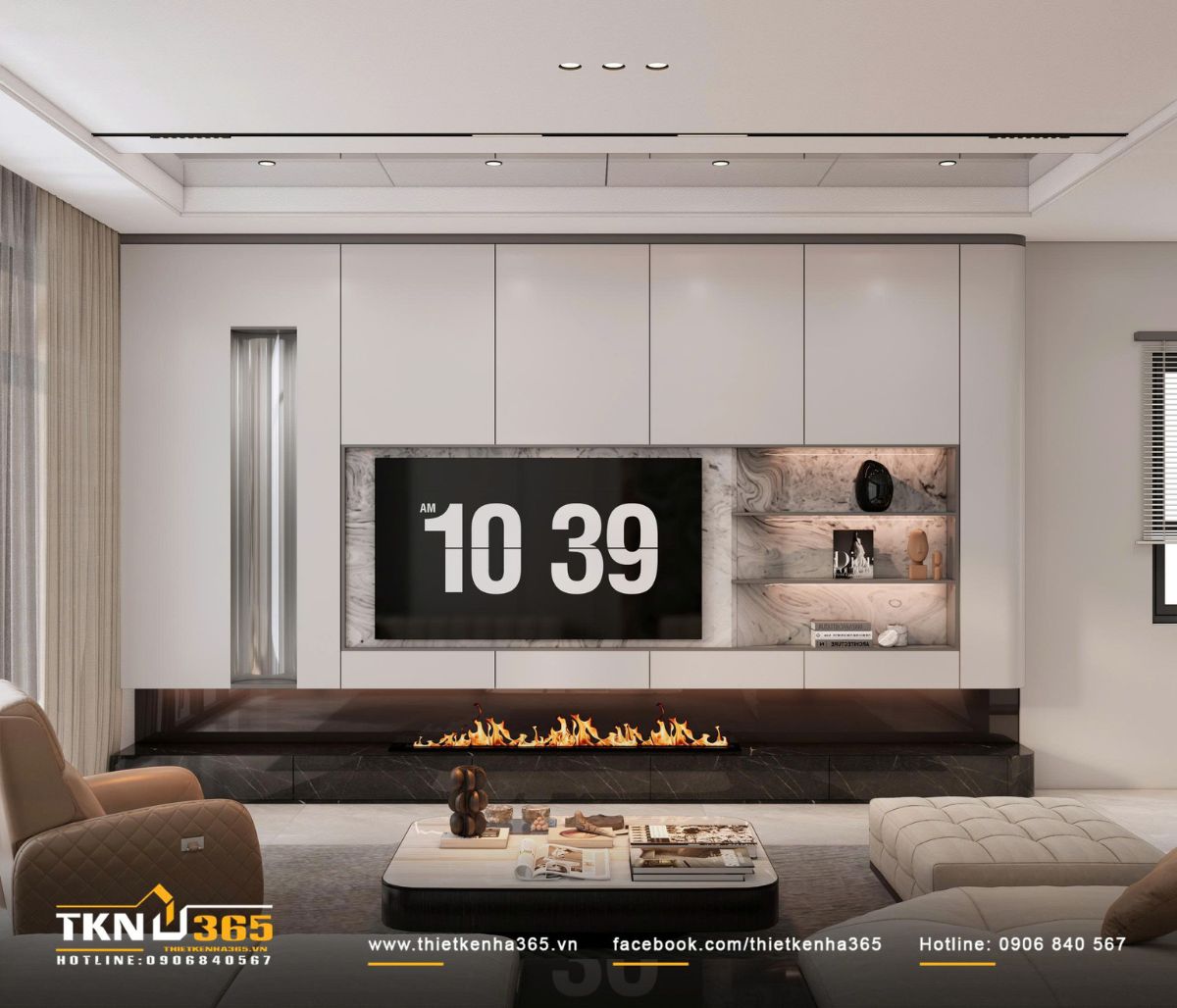 Hệ tủ &acirc;m tường liền khối t&iacute;ch hợp kệ mở ốp đ&aacute; v&agrave; đ&egrave;n hắt gi&uacute;p bức tường tivi gọn g&agrave;ng nhưng vẫn c&oacute; chiều s&acirc;u thị gi&aacute;c