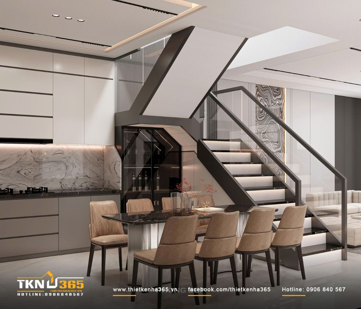 Kh&ocirc;ng gian bếp - ăn li&ecirc;n th&ocirc;ng với ph&ograve;ng kh&aacute;ch qua l&otilde;i thang trung t&acirc;m, tạo sự kết nối liền mạch theo chiều s&acirc;u ng&ocirc;i nh&agrave;