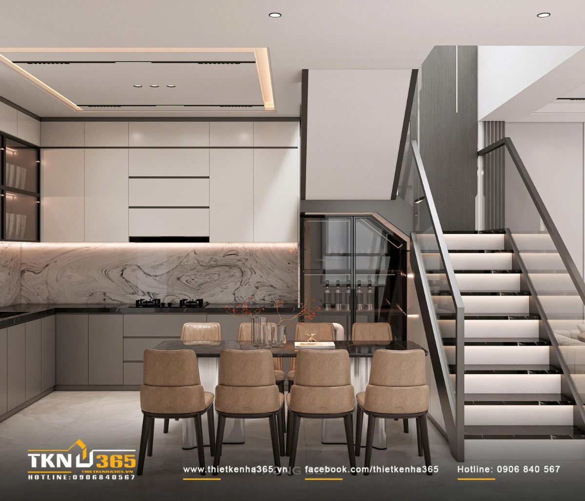 Hệ tủ bếp tay nắm ẩn kết hợp mảng đ&aacute; v&acirc;n liền khối mang lại diện mạo gọn g&agrave;ng v&agrave; tinh tế