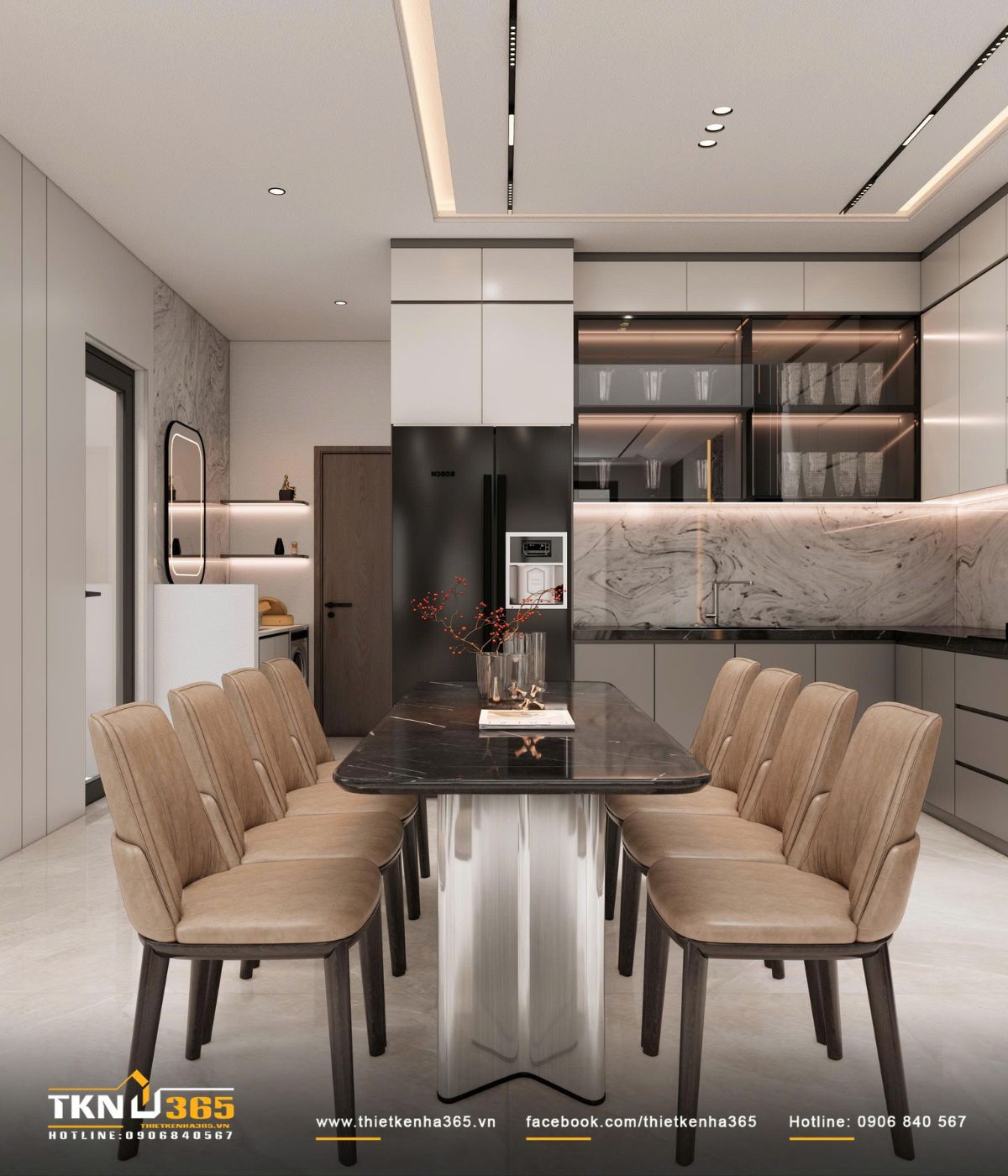 B&agrave;n ăn mặt đ&aacute; đen đặt giữa kh&ocirc;ng gian tạo điểm nhấn tương phản, c&acirc;n bằng c&ugrave;ng ghế bọc da t&ocirc;ng be ấm