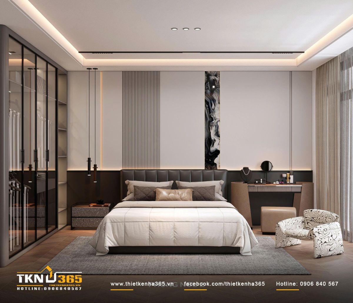 Đầu giường ốp đ&aacute; tối m&agrave;u kết hợp lam dọc tạo điểm nhấn trang nh&atilde; v&agrave; chiều s&acirc;u cho kh&ocirc;ng gian nghỉ ngơi